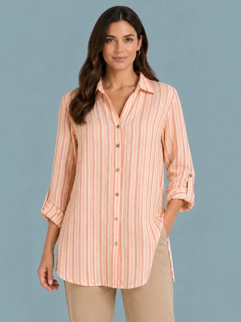 Soft Surroundings Escambia Cotton Gauze Button Tunic  Orange/Pink Stripe Large